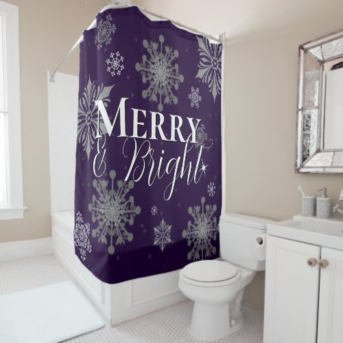 Purple Merry and Bright Snowflakes Christmas Shower Curtain