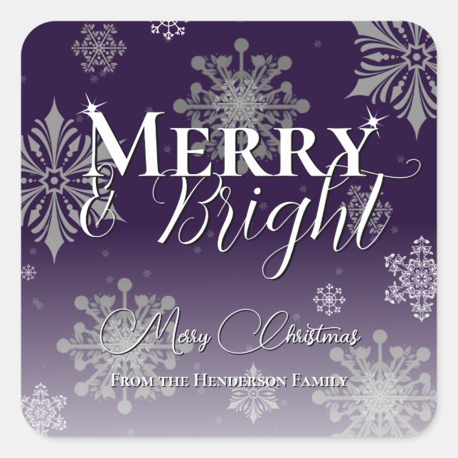 Purple Merry and Bright Snowflakes Christmas Square Sticker (Front)