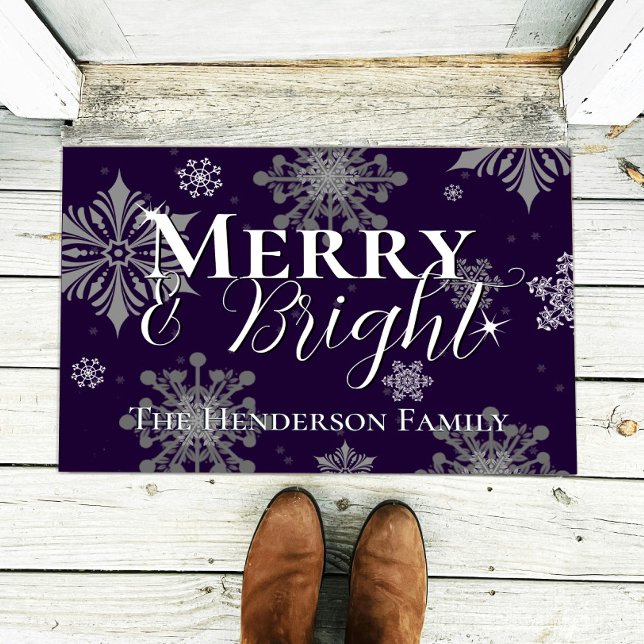 Purple Merry and Bright Snowflakes Personalized Doormat (Purple Merry and Bright Snowflakes Christmas Personalized Doormat)