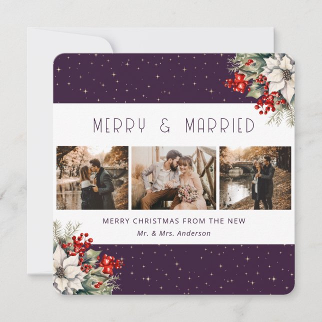 Purple Merry and Married Botanical Christmas Card (Front)