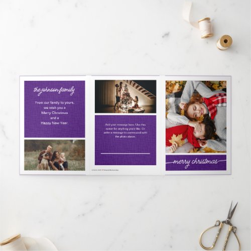 Purple Merry Christmas 5_Photo Family Letter Tri_Fold Holiday Card