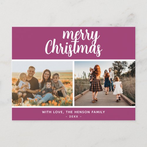 Purple Merry Christmas Family 2 Photo  Holiday Postcard