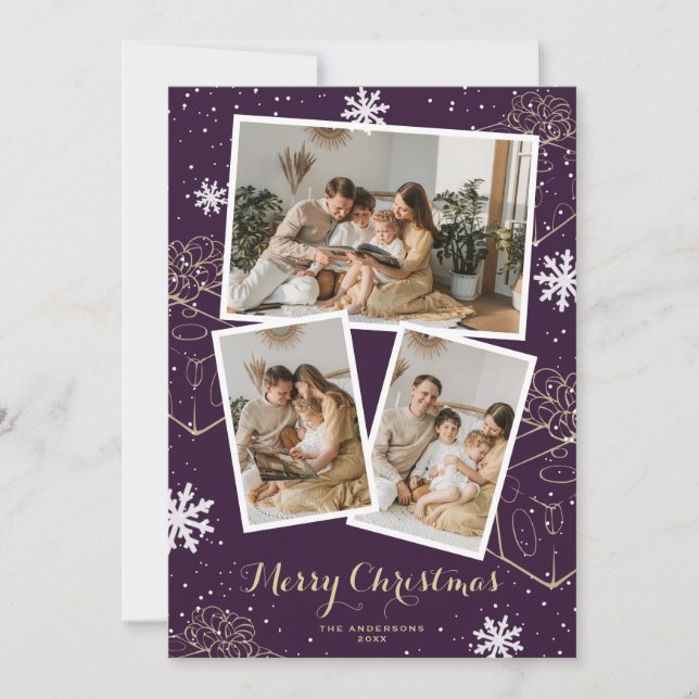 Purple Merry Christmas Photo Collage Holiday Card (Front)