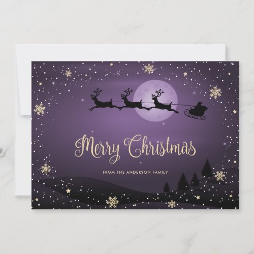 Purple Merry Christmas Snow Santa Snowflakes  Holiday Card
