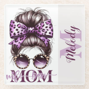 Purple Messy Bun Mom Wife Boss Glass Coaster