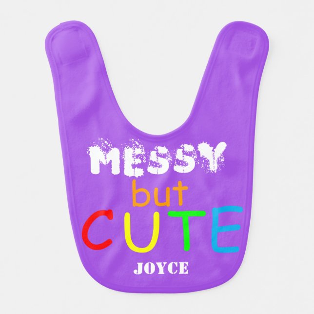 Purple Messy But Cute Quote Baby NAME    Bib (Front)