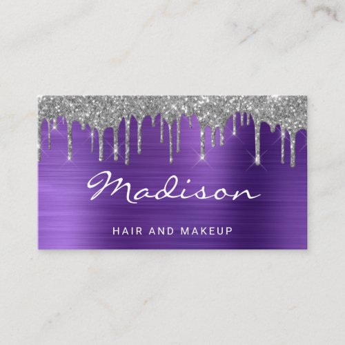 Purple Metal Silver Glitter Drip Hair  Makeup Business Card