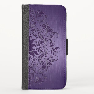 Purple metallic background with purple swirly lace iPhone XS wallet case