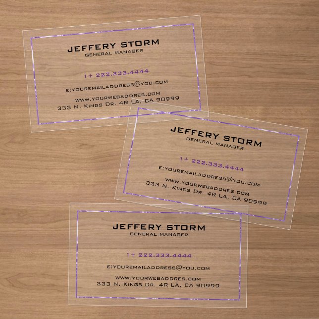 Purple Metallic Border Clear Business Cards (Multiple Cards (Wood))