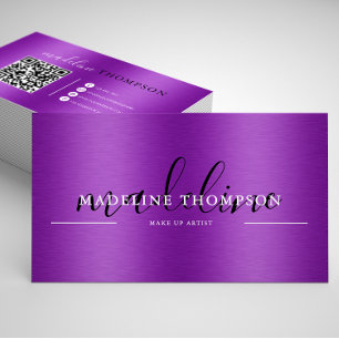 Purple Metallic Brush Steel Script QR code Business Card