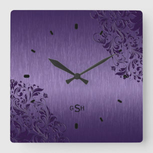 Purple Metallic Design Brushed Steel Look Square W Square Wall Clock