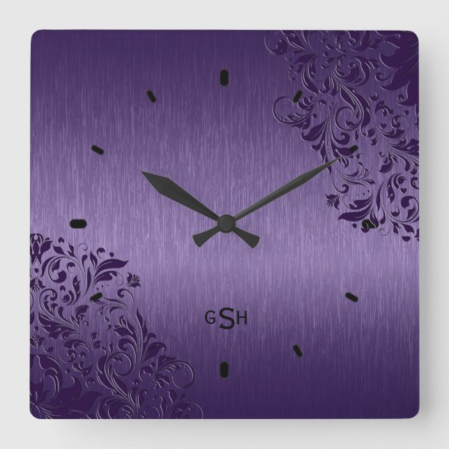 Purple Metallic Design Brushed Steel Look Square W Square Wall Clock (Front)