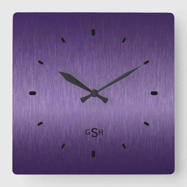 Purple Metallic Design Brushed Steel Look Square Wall Clock (Front)