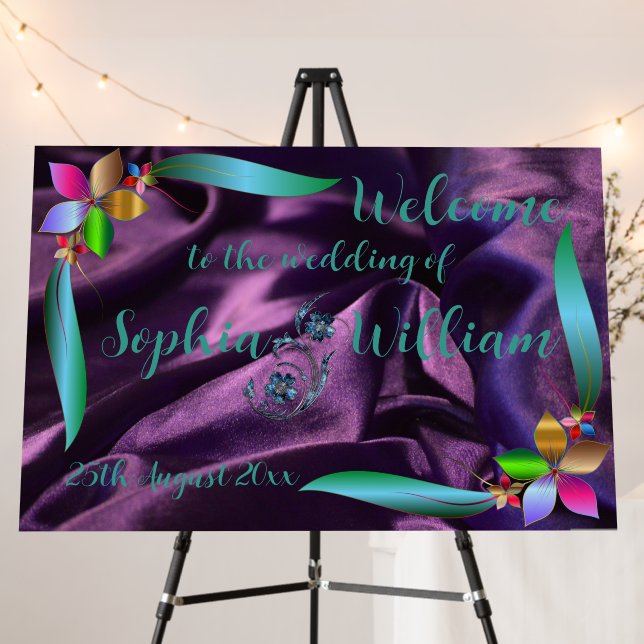 Purple & Metallic Floral Wedding Welcome Sign (In Situ (Stand))