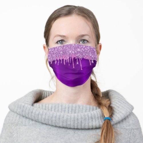 Purple metallic glitter drips pink monogram name adult cloth face mask