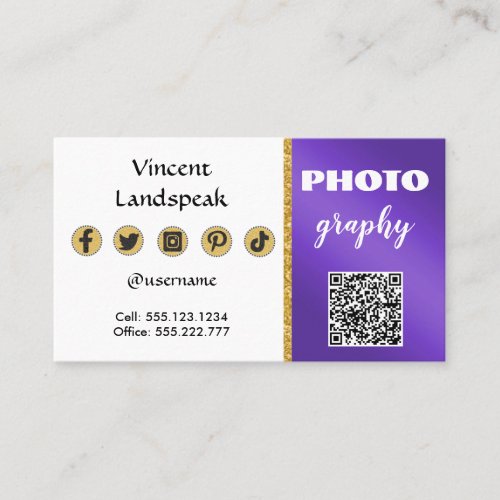 Purple Metallic Gold Glitter QR Code Photography Business Card