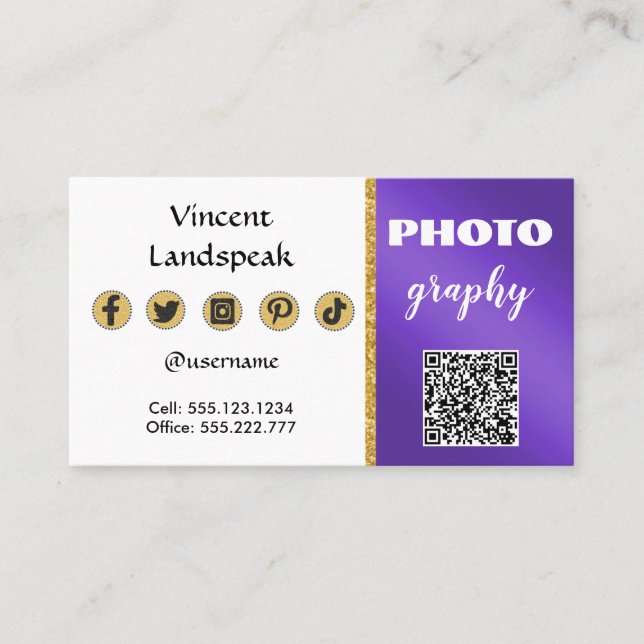 Purple Metallic Gold Glitter QR Code Photography Business Card (Front)