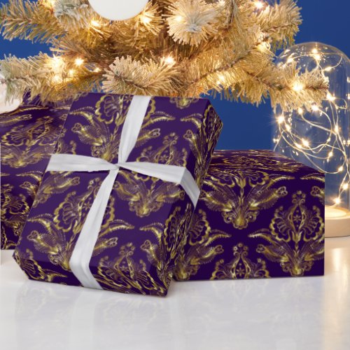 Purple  Metallic Gold Look Floral Damasks Pattern Wrapping Paper
