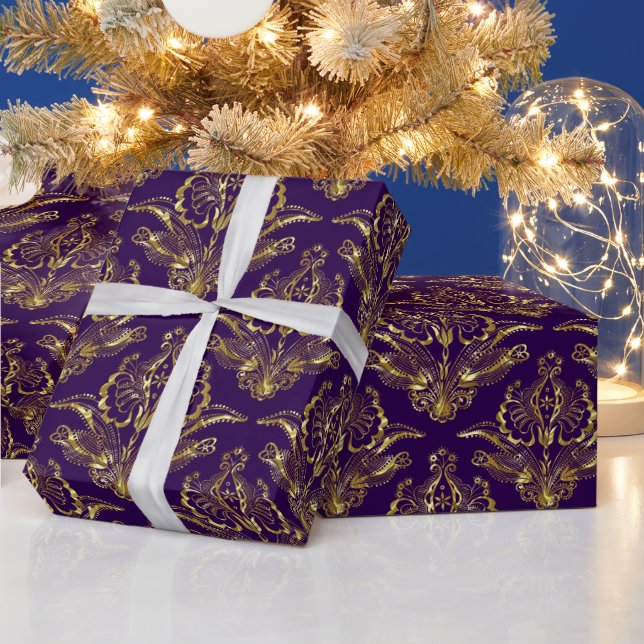Purple & Metallic Gold Look Floral Damasks Pattern Wrapping Paper (Holidays)