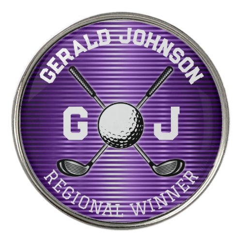 Purple Metallic Lines Golf Monogram Design Golf Ball Marker