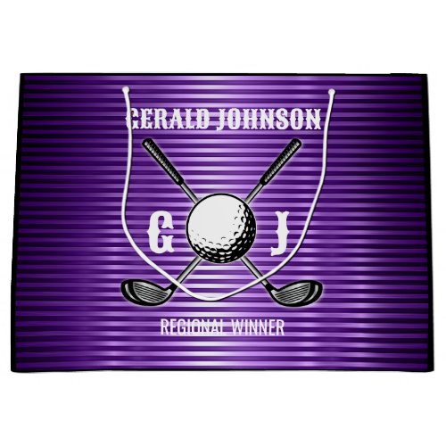 Purple Metallic Lines Golf Monogram Design Large Gift Bag