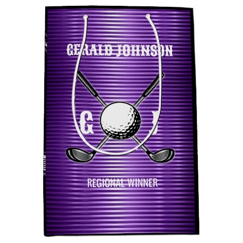 Purple Metallic Lines Golf Monogram Design Medium Gift Bag