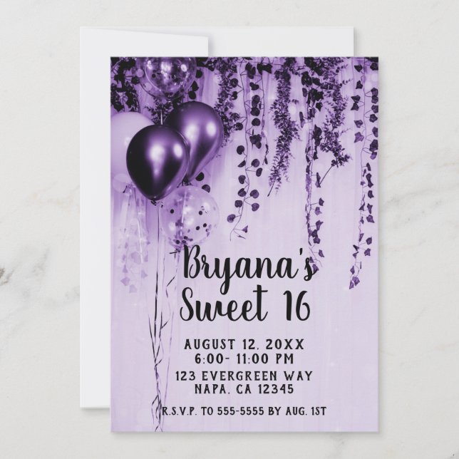Purple Metallic Party Balloons Ivy White Sweet 16 Invitation (Front)