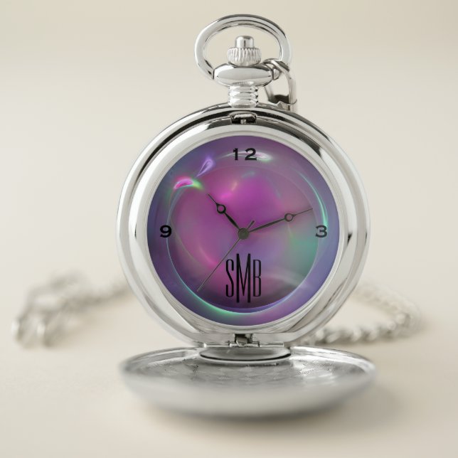 Purple Metallic Sphere Pocket Watch w 3-Initials (Inside)