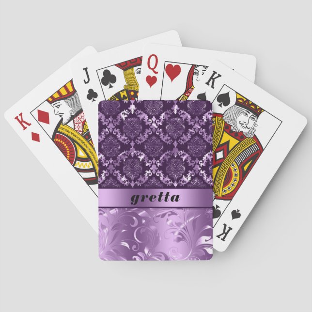 Purple metallic texture floral damask monogram poker cards (Back)