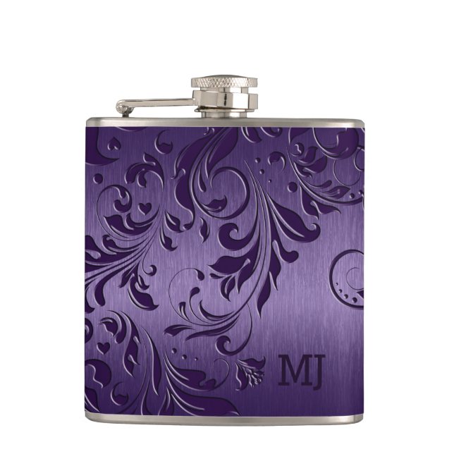 Purple Metallic Texture & Floral Lace Flask (Front)