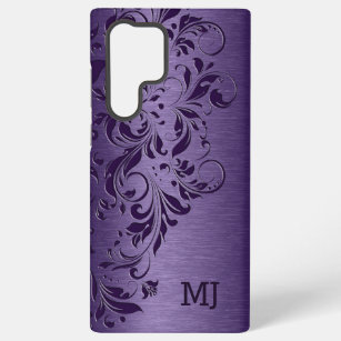 Purple Metallic Texture & Floral Lace Samsung Galaxy S22 Ultra Case