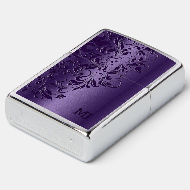 Purple Metallic Texture & Floral Lace Zippo Lighter (Angled)