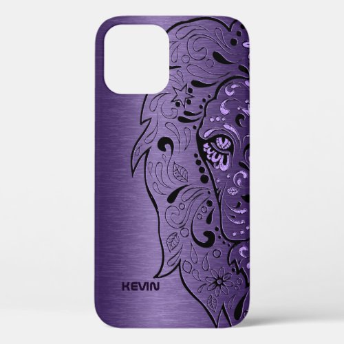 Purple Metallic Texture  Lion Head Sugar Skull iPhone 12 Case