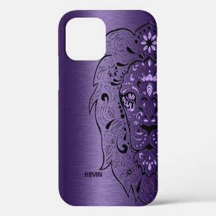 Purple Metallic Texture & Lion Head Sugar Skull iPhone 12 Case