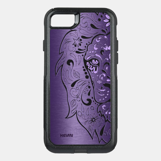 Purple Metallic Texture & Lion Head Sugar Skull Otterbox iPhone Case (Back)