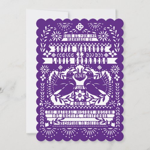 Purple Mexican Fantail Doves Papel Picado Wedding Invitation