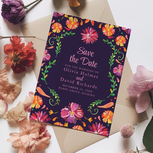 Purple Mexican Floral Fiesta Save the Date Invitation
