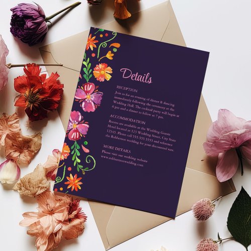 Purple Mexican Floral Fiesta Wedding Details  Invitation
