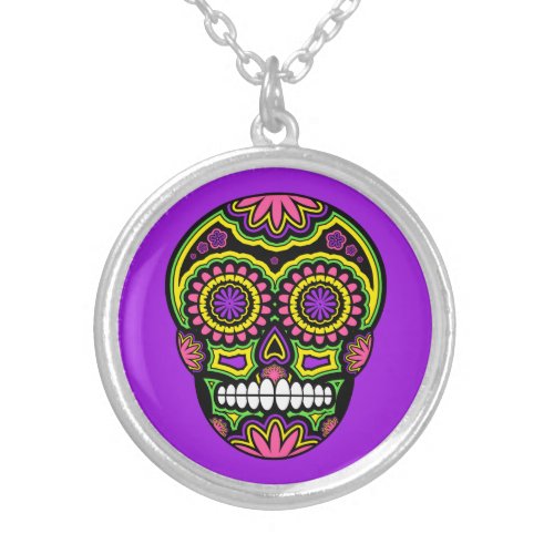 Purple Mexican Sugar Skull Day Of The Dead Silver Plated Necklace