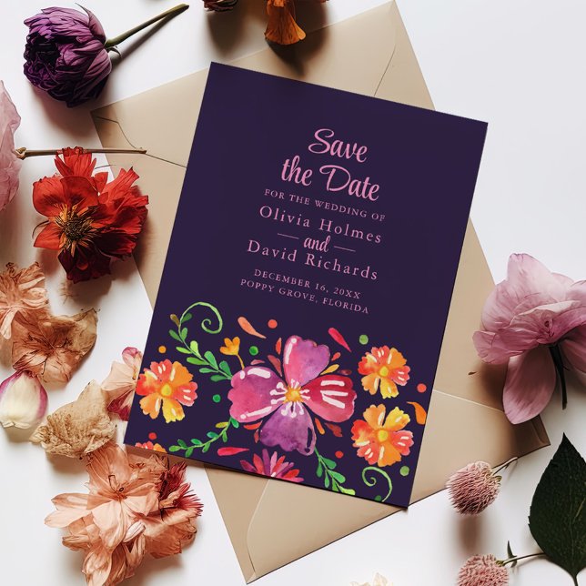 Purple Mexican Vibrant Floral Fiesta Save the Date Invitation (Purple Mexican Vibrant Floral Fiesta Save the Date Invitation on a table surrounded with flowers.)