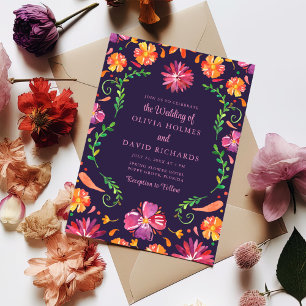 Purple Mexican Vibrant Floral Fiesta Wedding Invitation