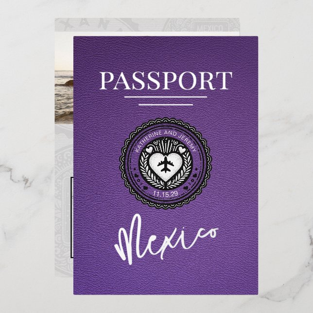 Purple Mexico Passport Wedding Foil Invitation (Front/Back)