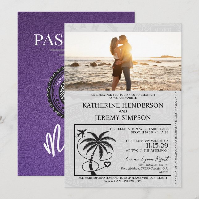 Purple Mexico Passport Wedding Invitation (Front/Back)