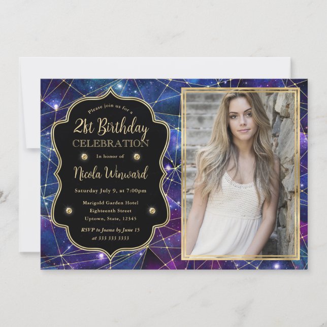 Purple Midnight Crystal Galaxy 21st Birthday photo Invitation (Front)