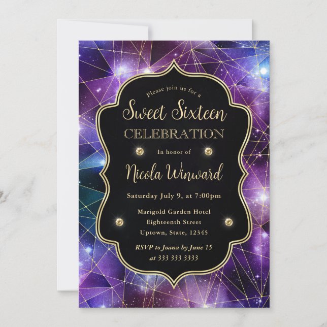 Purple Midnight Crystal Galaxy Sweet 16 photo Invitation (Front)
