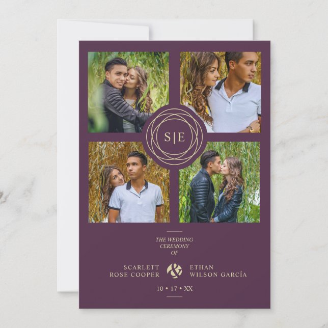 Purple Minimal Initials Wedding Fancy 4 Photos Invitation (Front)