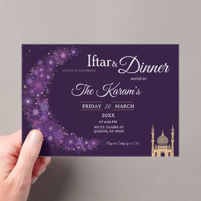 Purple Minimal Mosque Ramadan Iftar Party  Acrylic Invitations (Insitu (Handheld))