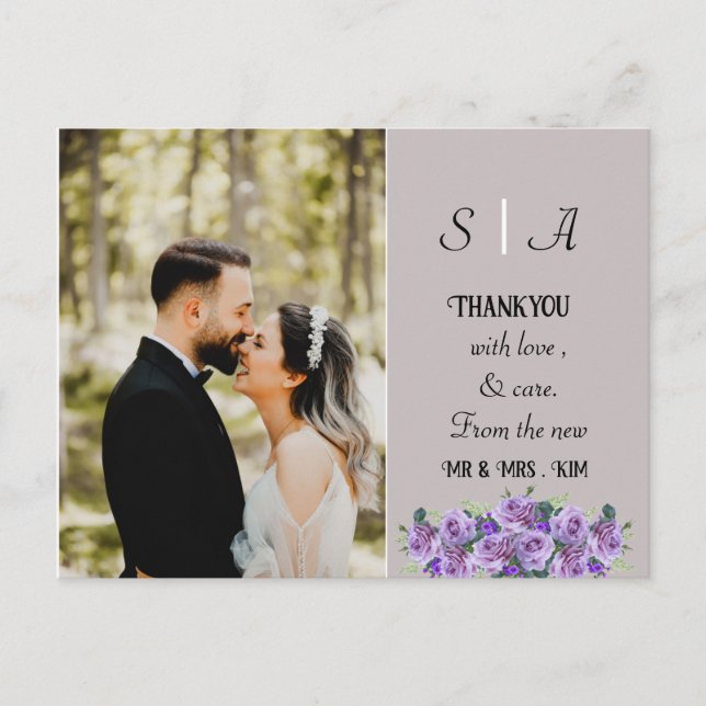 purple minimal Soft Gray and Black Photo Thank You Postcard (Front)