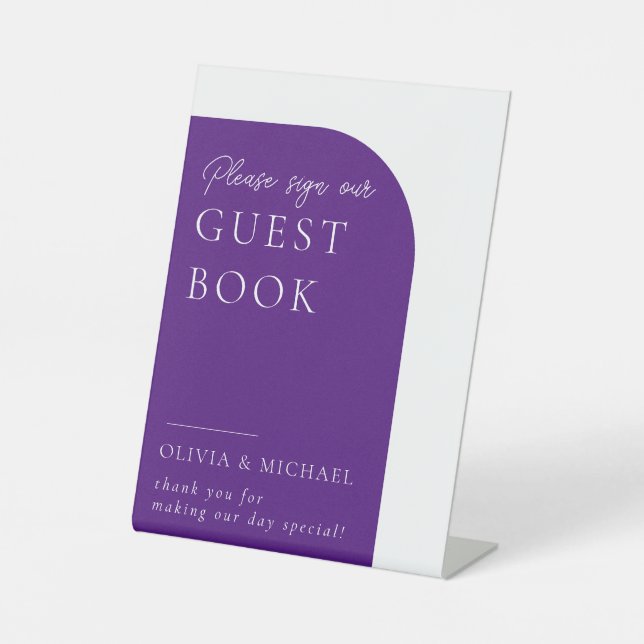Purple Minimal Wedding Guest Book Pedestal Sign (Front)