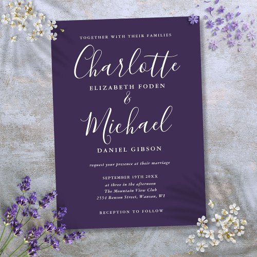 Purple Minimalist Elegant Script Wedding Invitation